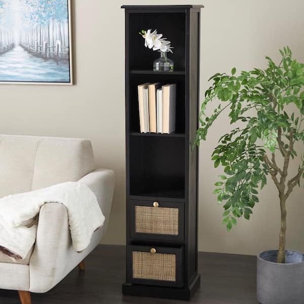 Litton Lane Black Wood 58 in. 3 Shelves and 2 Drawers Cabinet with Rattan Front