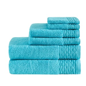 Aer 6-Piece Blue Cotton Bath Towel Set Jacquard Wavy Border Zero Twist Antimicrobial