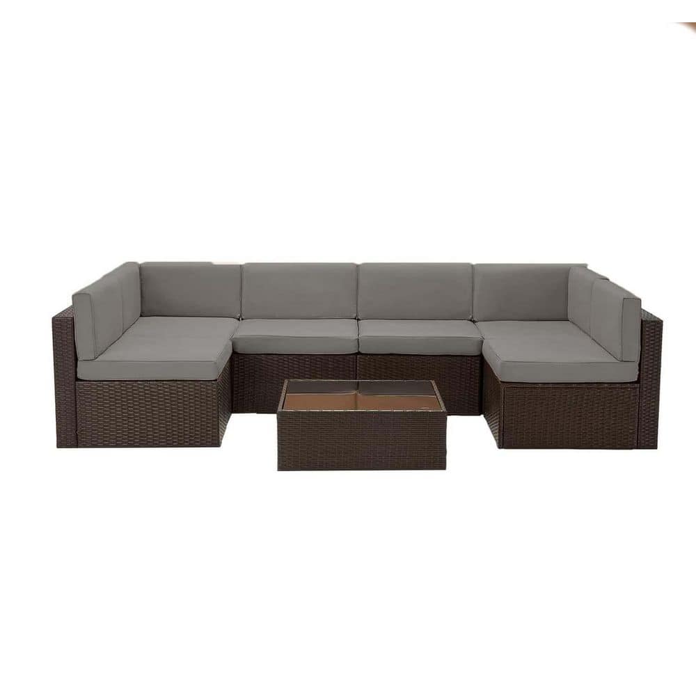 7-Pieces Brown Wicker Outdoor Sofa Sectional Set with Gray Cushions and Coffee Table