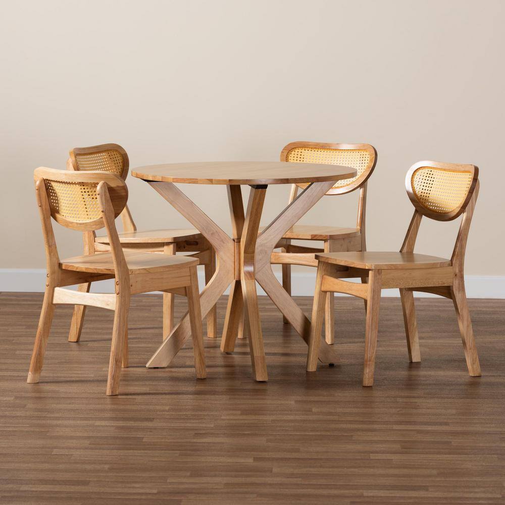 Oak Brown Wood and Rattan 5-Piece Dining Set with Round Table