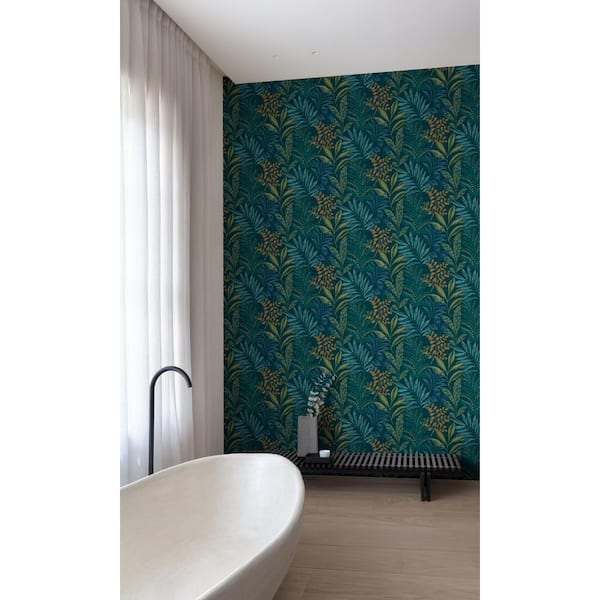Blue Light Leaf Motif Tropical 57 sq. ft. Non-Woven Textured Non-pasted Double Roll Wallpaper R7962