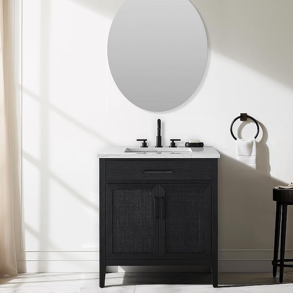 SUDIO Cove 30 in. W Bath Vanity in Black Oak with Engineered Stone Top in Carrara White with White Sink