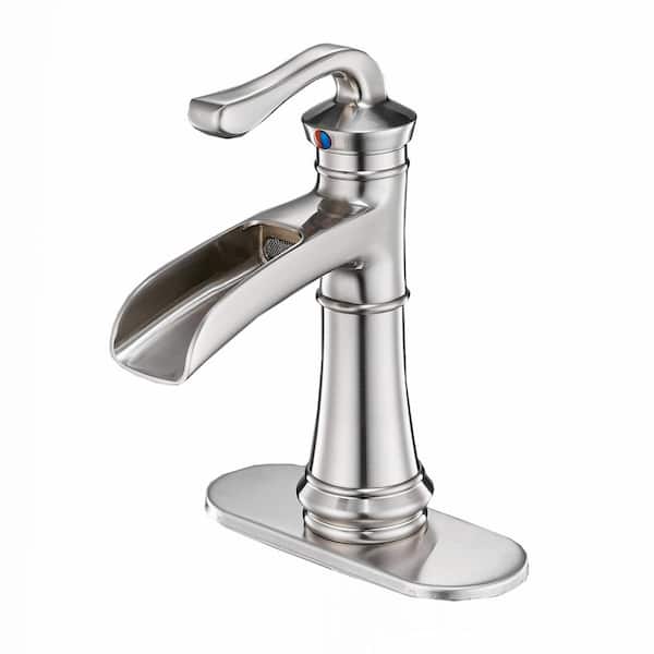 FORCLOVER Single-Handle Low-Arc Single Hole Waterfall Bathroom Faucet with Supply Line in Brushed Nickel