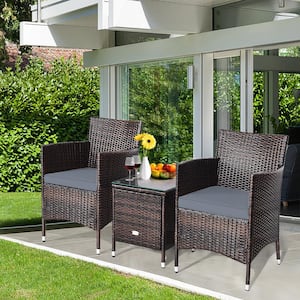 Brown 3-Piece Wicker Rattan Patio Conversation Set with Coffee Table and Gray Cushions