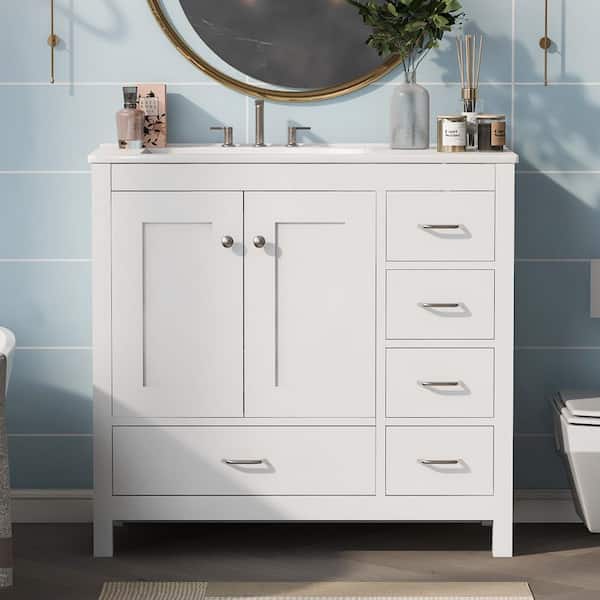 36 in. Single Sink Freestanding White Bath Vanity with White Ceramic Top, 2 Doors and 5 Drawers