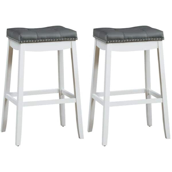 FORCLOVER 29 in. White Backless Wooden 29 in. Nailhead Bar Stool with Footrest and Cushioned-Seat (Set of 2)