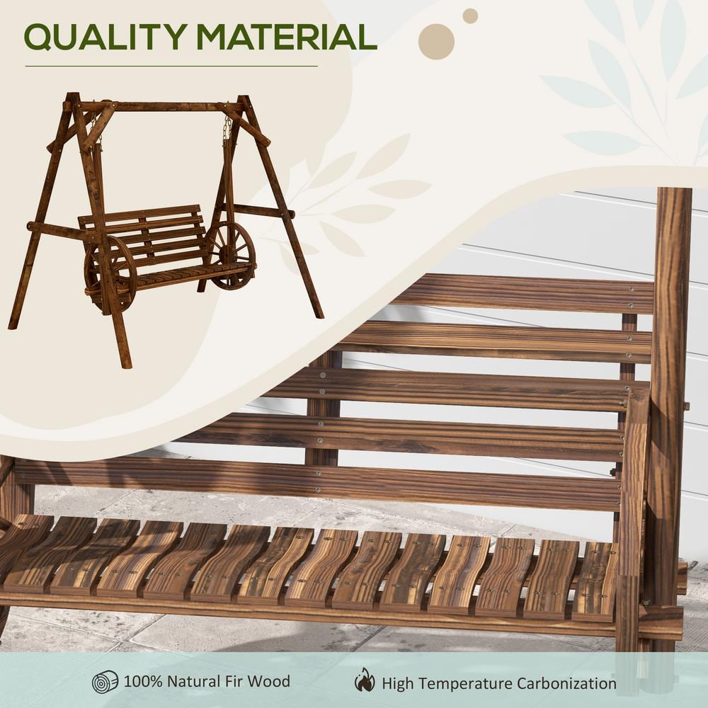 Rustic Carbonized Fir Wood 2-Person Porch Swing with Wagon Wheel Armrests