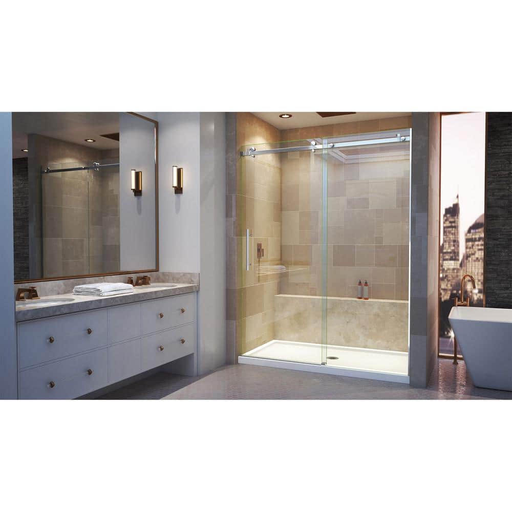 Polished Stainless Steel Frameless Sliding Shower Door with Clear Tempered Glass