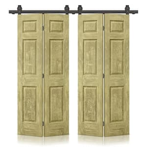48 in. x 84 in. Antique Gold Stain 6Panel MDF Hollow Core Composite Double Bi-Fold Barn Doors with Sliding Hardware Kit