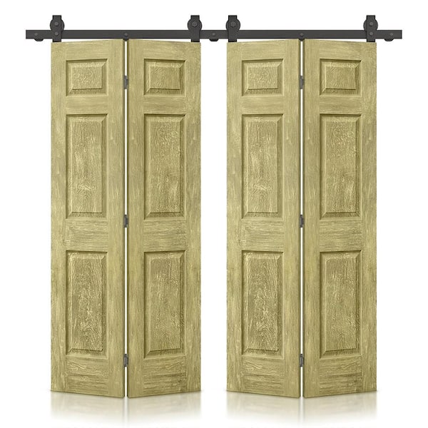 CALHOME 60 in. x 84 in. Antique Gold Stain 6Panel MDF Hollow Core Composite Double Bi-Fold Barn Doors with Sliding Hardware Kit