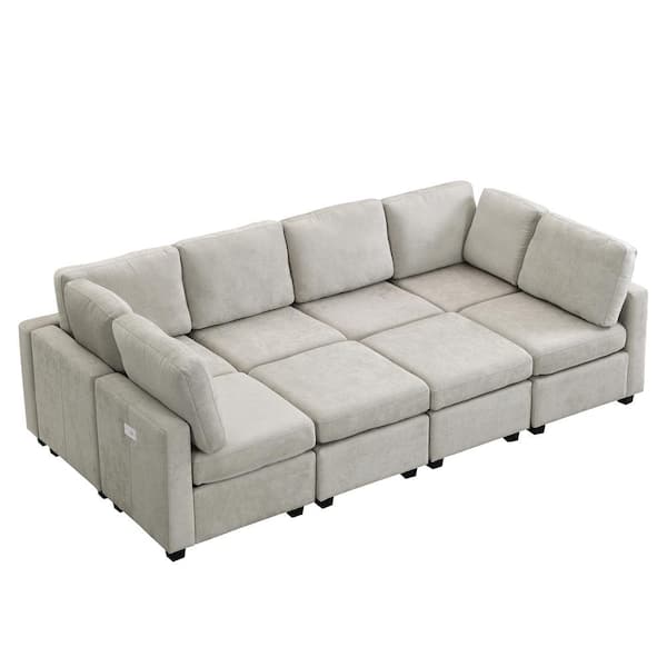 Qualler 103.1 in. Straight Arm 3-Piece Chenille Fabric Sectional Sofa in Gray with 2 Movable Ottoman and 3 USB Ports