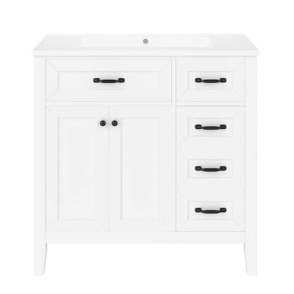 36 in. Freestanding White Bath Vanity with White Ceramic Top and Drawers