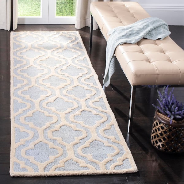 Cambridge Light Blue/Ivory 3 ft. x 12 ft. Geometric Trellis Runner Rug