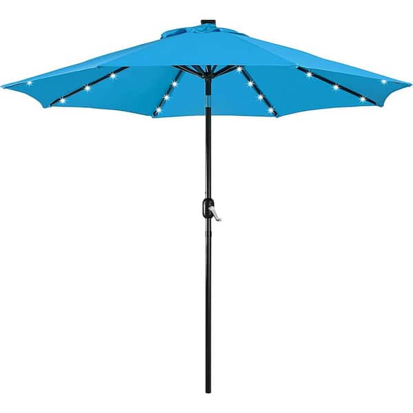 9 Solar Powered 32 LED Lighted Outdoor Offset 8 Rib Blue Market Parasol B09S6NCF67 - The