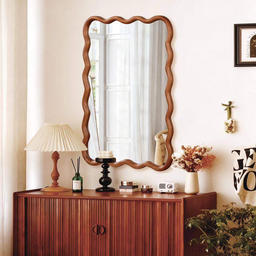 30 in. W x 40 in. H Wavy Rectangle Solid Wood Framed Bathroom Mirror Wall Mirror in Yellow Brown