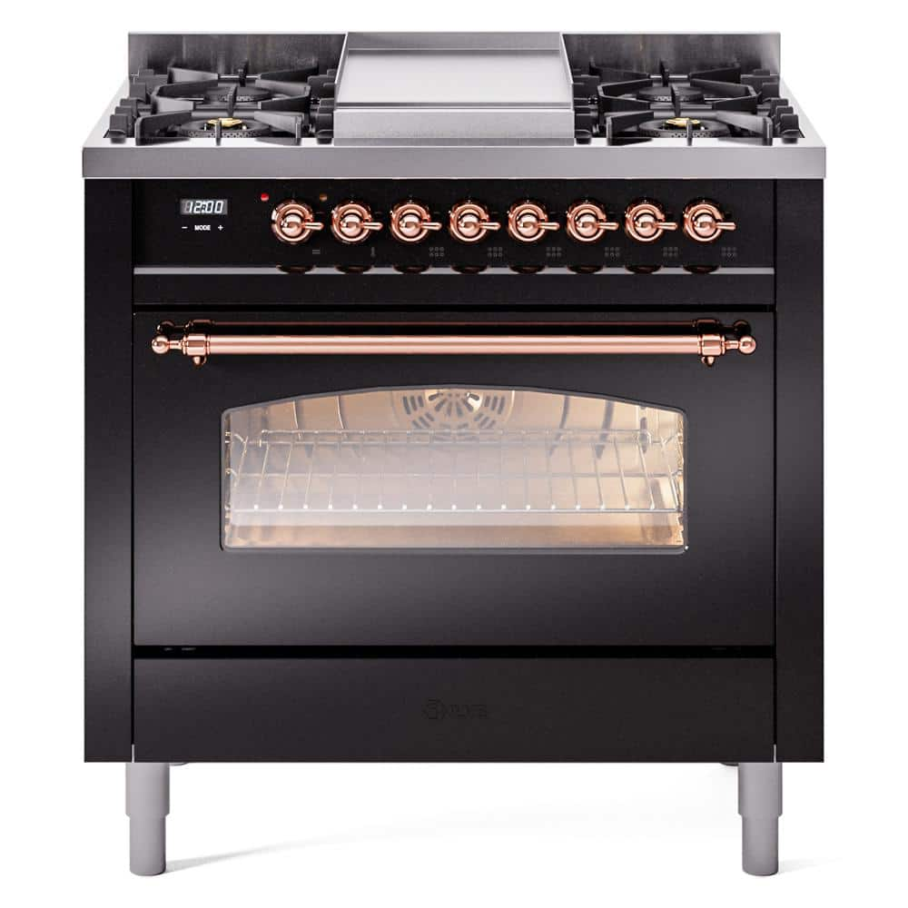 Nostalgie II 36 in. 6 Burner+Griddle Freestanding Dual Fuel Liquid Propane Range in Glossy Black with Copper Trim -  ILVE, UP36FNMPBKPLP