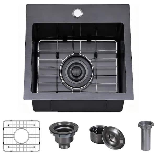 15 in. Drop In Single Bowl 16 Gauge Black Stainless Steel Topmount Outdoor Bar Prep Sink with Grid