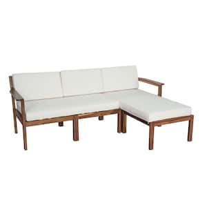Brown 4-Piece Wood Patio Conversation Set with Beige Cushions and A Small Coffee Table
