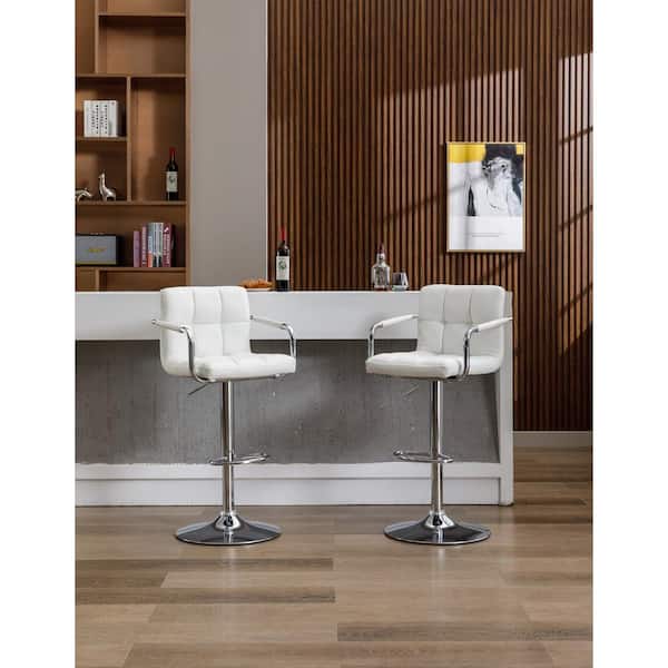 Dwell Home Inc Howard 25in Glacier Mid-Back Metal Adjustable Bar Stool with Faux Leather Seat and Arms, 360° Swivel (Set of 2),Glacier