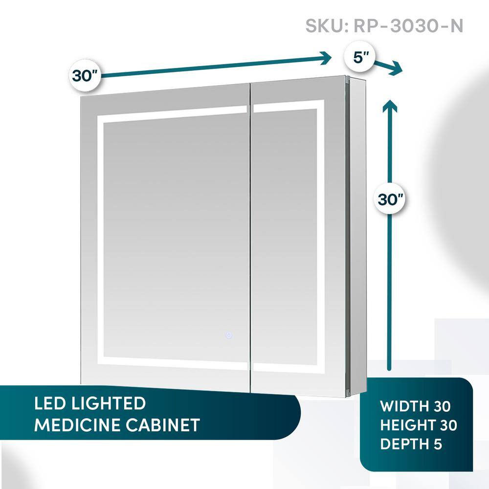 30'' Square Modern Mirrored LED Medicine Cabinet with Interior Outlet