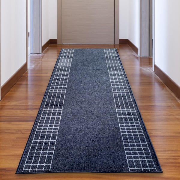 PLAYA RUG Checkered Bordered Blue Color 26 in. Width x Your Choice Length Custom Size Roll Runner Rug/Stair Runner