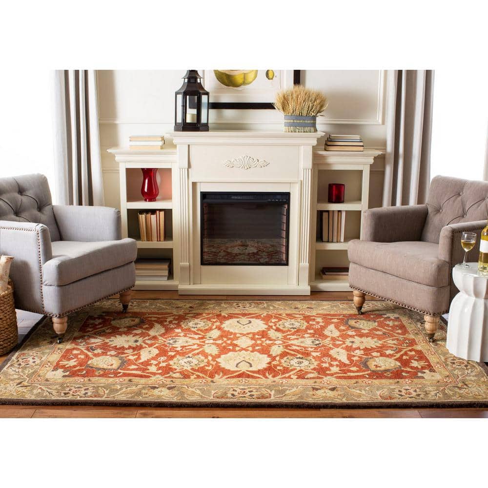 Hand-Tufted Anatolia Inspired Rust and Green Floral Wool Bench