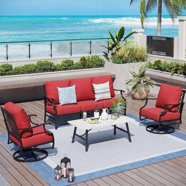 PHI VILLA Metal 5 Seat 4-Piece Steel Outdoor Patio Conversation Set with Red Cushions, Swivel Chairs and Marble Pattern Table