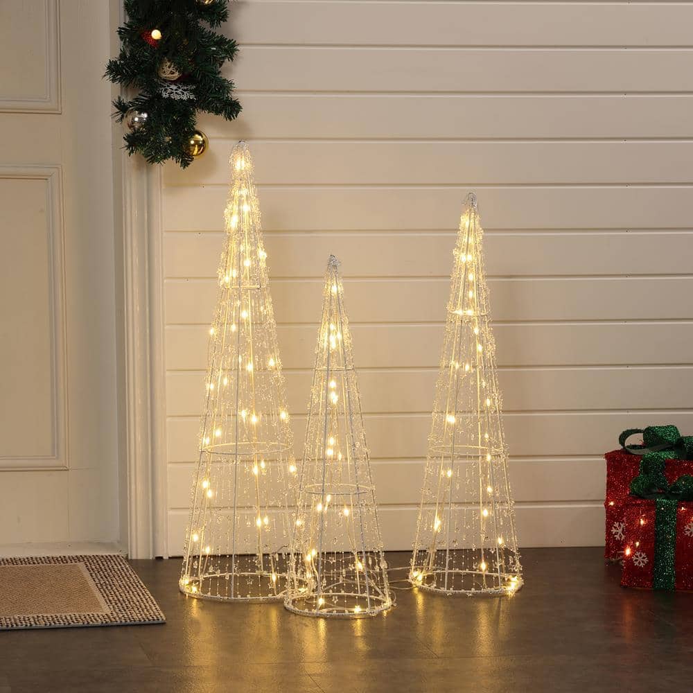 Gold Lighted Metal Cone Trees Set for Indoor and Outdoor Holiday Decoration