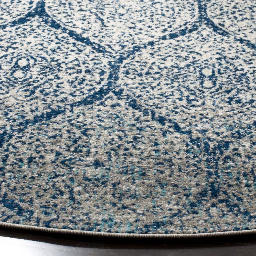 Navy and Silver Round Geometric Synthetic Area Rug, 11' x 11'