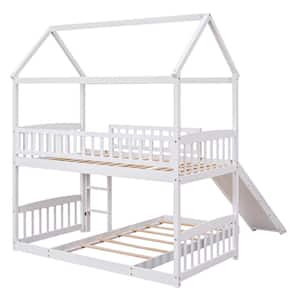 White Twin Over Twin Bunk Bed with Slide, House Bed with Slide