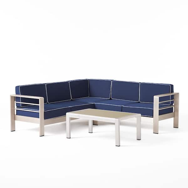 Noble House Cape Coral Silver 4-Piece Metal Patio Sectional Seating Set with Canvas Navy Sunbrella Cushions
