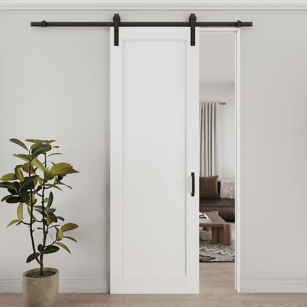 32 in. x 96 in. White Primed Paneled DIY Painting MDF Composite Sliding Barn Door with Hardware Kit