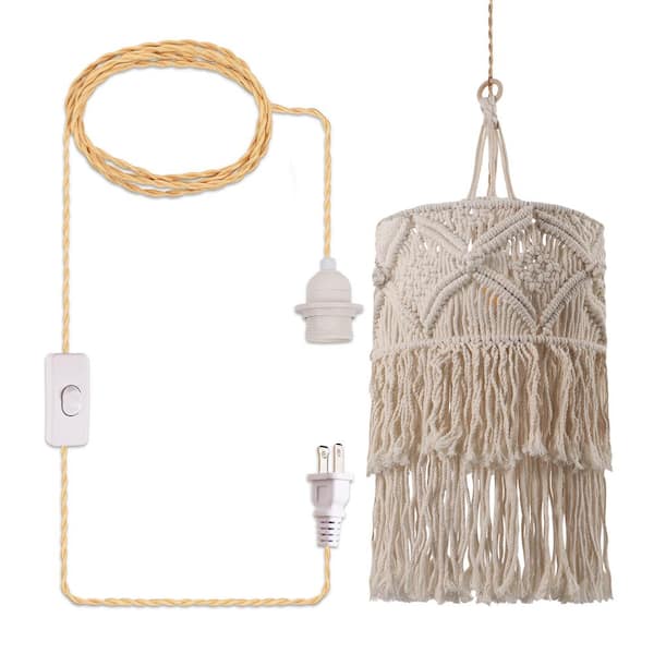 YANSUN Bohemian 1-Light White Pendant Light with Adjustable Macrame Rattan Shade and Height , Plug-In