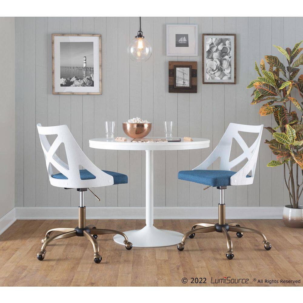 Blue Fabric and White Wood Swivel Task Chair with Metal Base