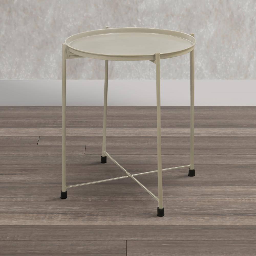 Beige 18" Round Metal Tray Top Foldable Side Table