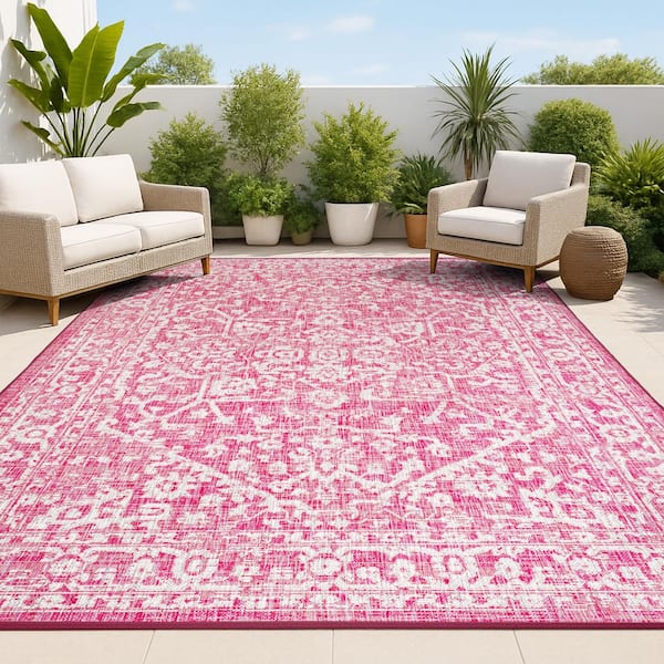 Malta Bohemian Medallion Textured Weave Fuchsia/Light Gray 3 ft. x 5 ft. Indoor/Outdoor Area Rug