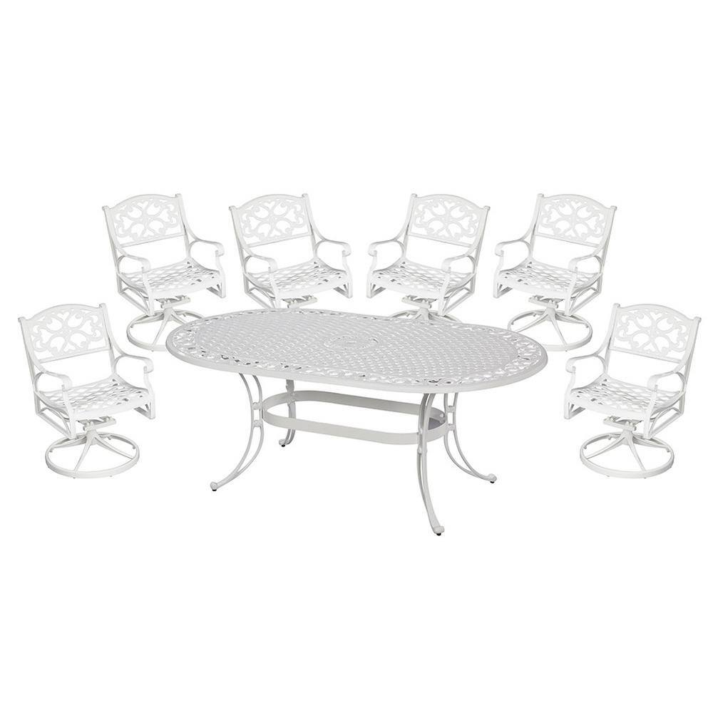 Sanibel White Aluminum 7 Piece Outdoor Dining Set with Green Cushions
