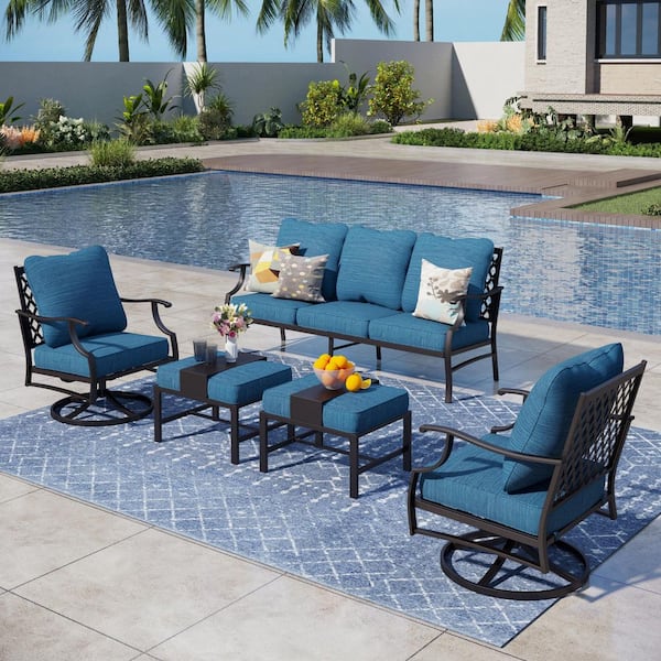 PHI VILLA Black 5-Piece Metal Meshed 7-Seat Outdoor Patio Conversation Set with Peacock Blue Cushions 2 Swivel Chairs 2 Ottomans
