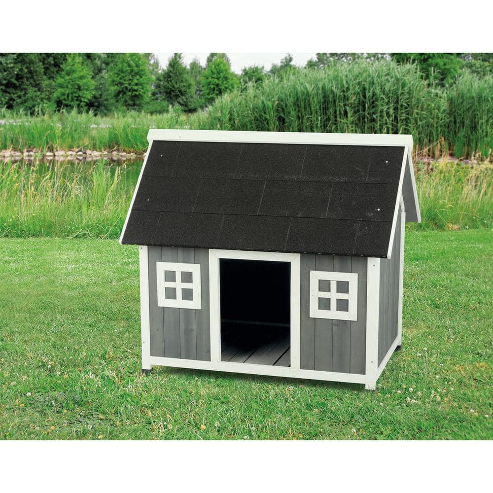 Medium Gray and White Wooden Raised Dog House