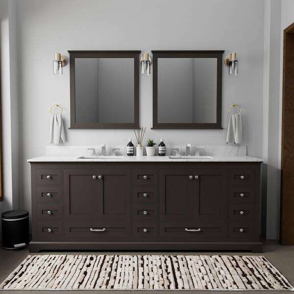 Lexora Dukes 84 in. W x 22 in. D Espresso Double Bath Vanity, Carrara Marble Top, Faucet Set, and 34 in. Mirrors