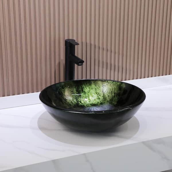 16-1/2 in. Dark Green Glass Round Vessel Bathroom Sink with Black Faucet