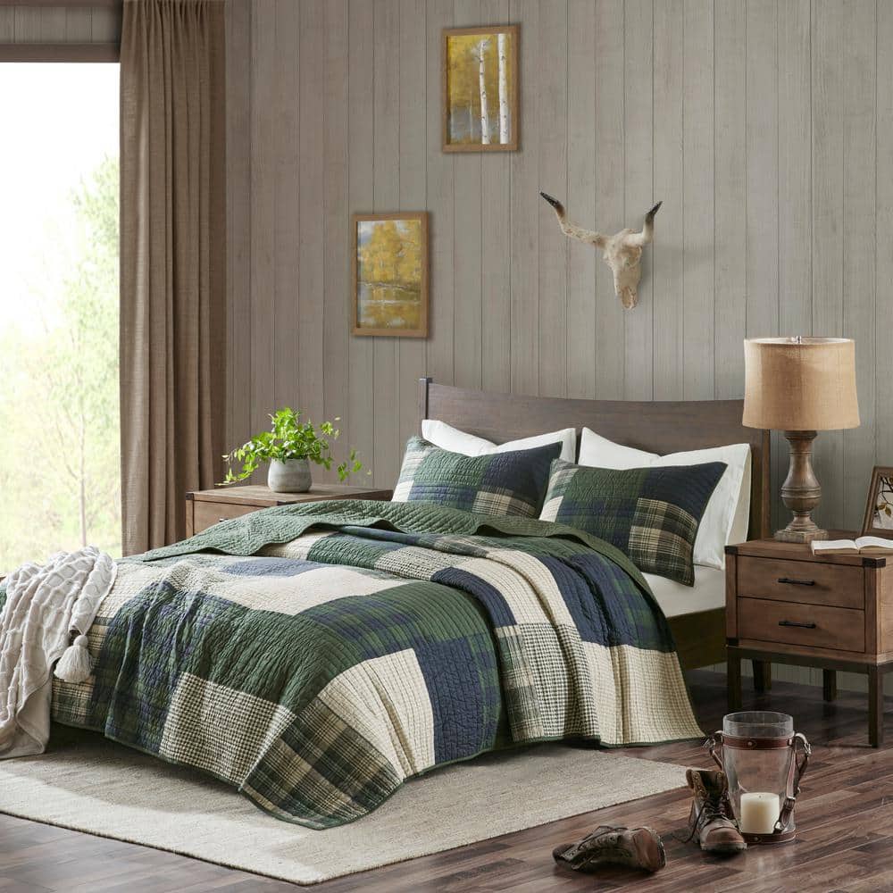 Navy and Green Cotton Patchwork Twin Quilt Set