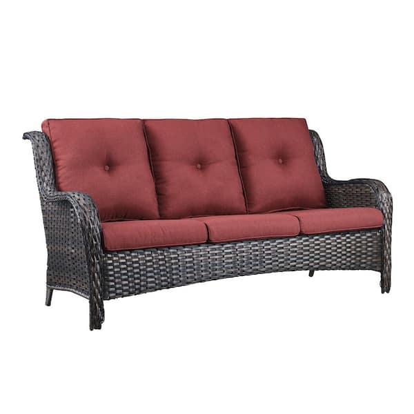 3 Seat Wicker Outdoor Patio Sofa Couch with Deep Seating and Cushions, Suitable for Porch Deck Balcony(Brown/Red)