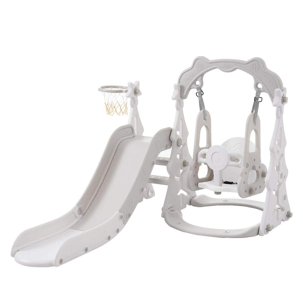 Gray & White 3 in 1 Toddler Freestanding Slide and Swing Set with Basketball Hoops