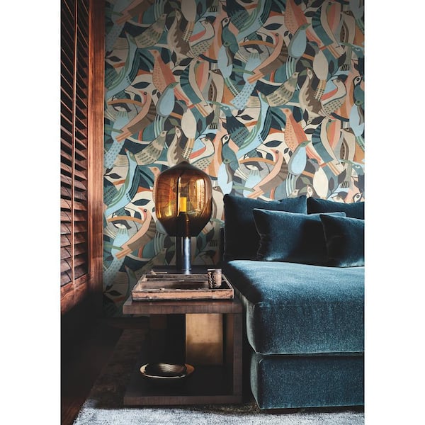 Multi-Colored Coral and Aqua Fauvist Flock Matte Non-Pasted Paper Wallpaper