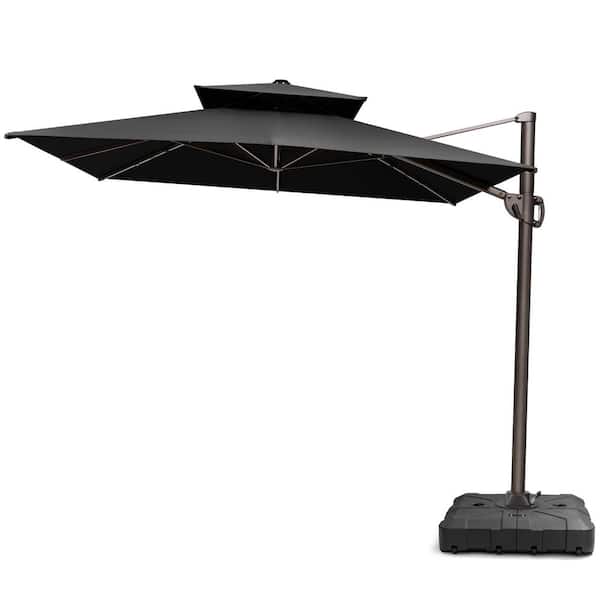 Pellebant 9 ft. x 11.5 ft. 2-Tier Outdoor Cantilever 360° Rotation Tiltable Patio Umbrella in Black with Base
