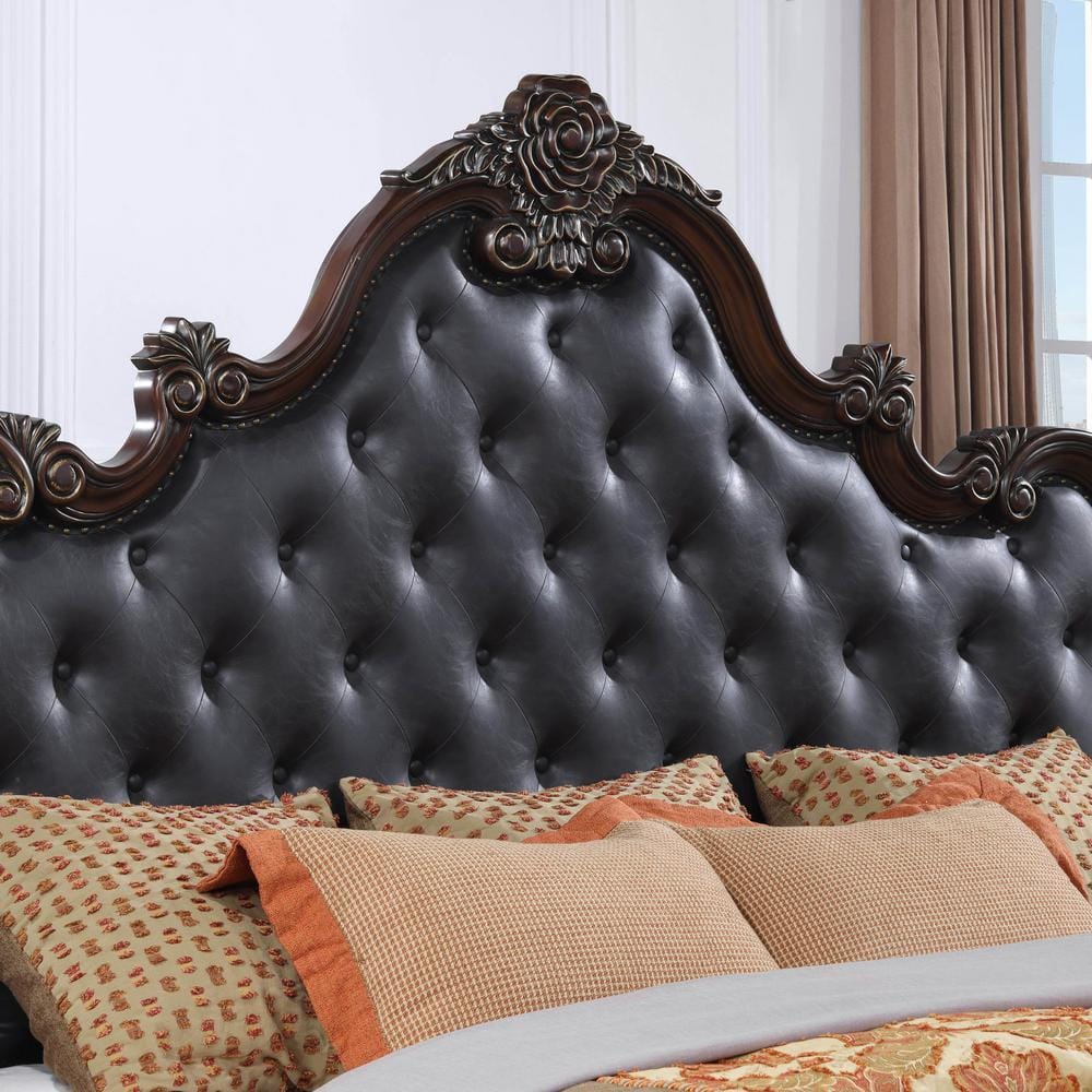 Queen Dark Brown Faux Leather Upholstered Bed with Tufted Headboard