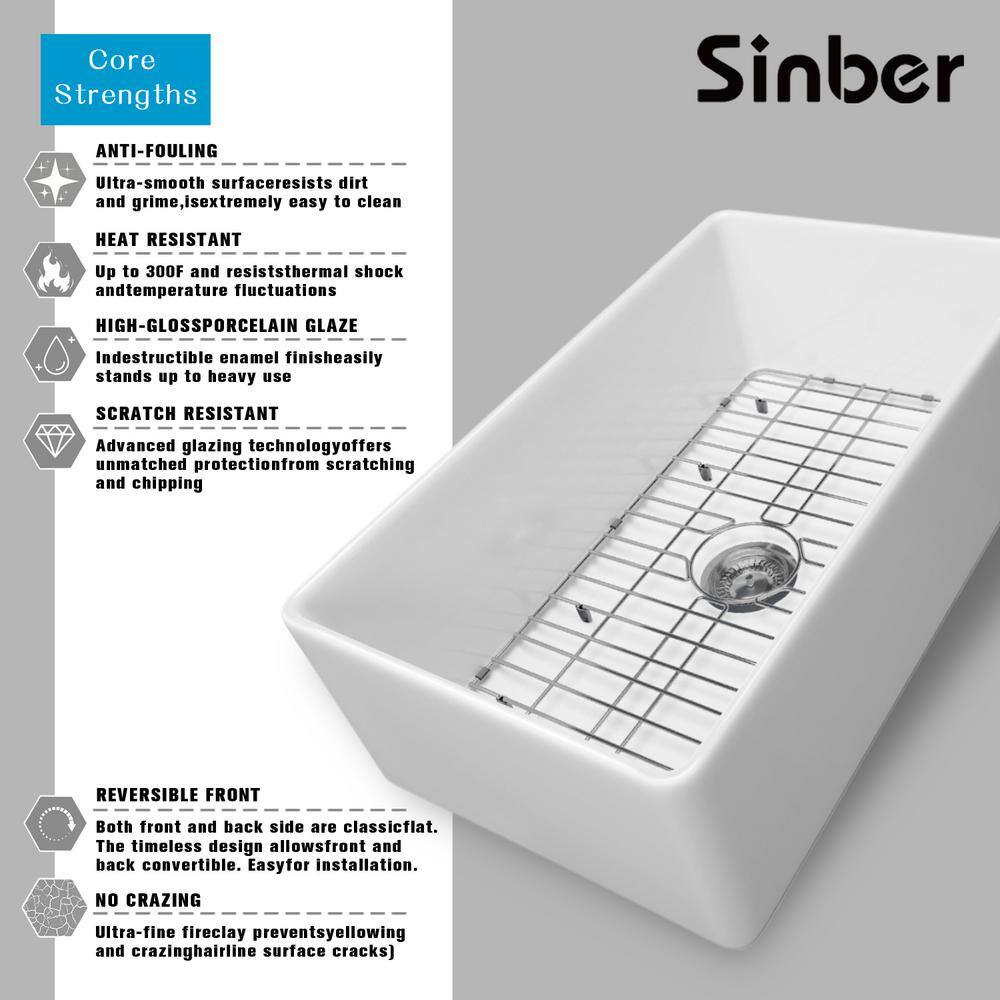 Sinber 30" White Fireclay Farmhouse Apron Kitchen Sink with Drainboard