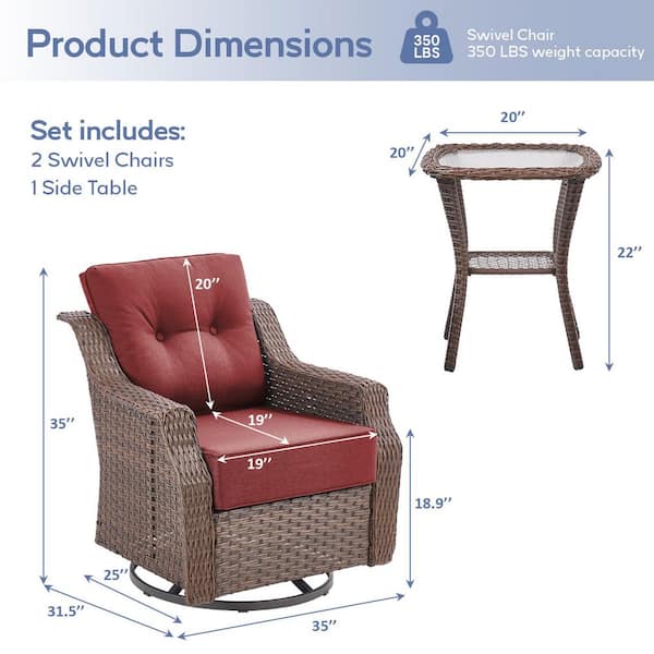 Modern Farmhouse 3-Piece Brown PE Wicker Patio Conversation Set with 6 in. Olefin Red Cushions/Wide Armrest