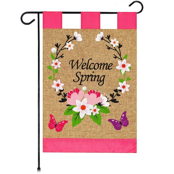 1 ft. x 1.5 ft. Welcome Spring Flower Wreath and Butterflies 2-Sided Garden Flag Printed Blockout